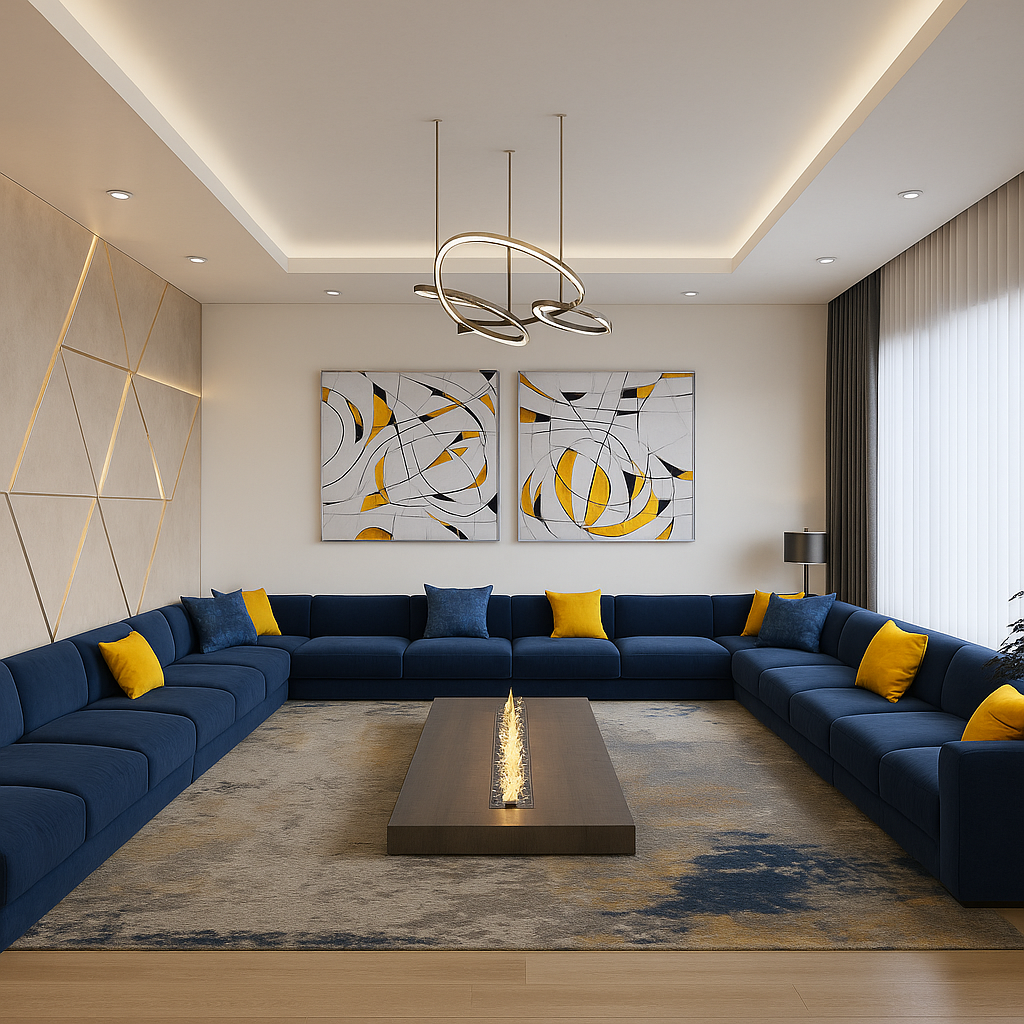 Luxury U Shaped Majlis – Grey Fabric - Image 2