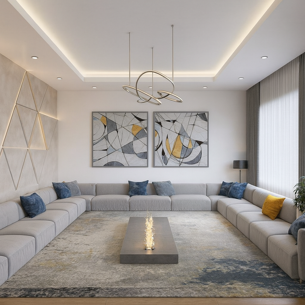 Luxury U Shaped Majlis – Grey Fabric - Image 3