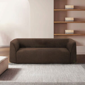 Brown fabric sofa centered in a minimalist living room with light walls and wooden open shelves on the right filled with books.