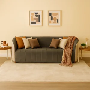 Grey tufted sofa with earth-toned cushions and a beige throw, flanked by round wooden side tables beneath abstract framed art on a warm beige wall.