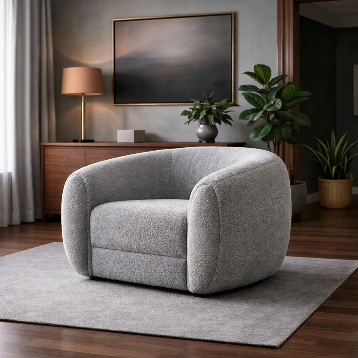 Rounded gray boucle armchair on a light rug in a modern living room with teal walls and potted plants.
