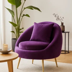 Purple velvet lounge chair with a matching cushion in a bright living room, near a tall plant and a small side table.