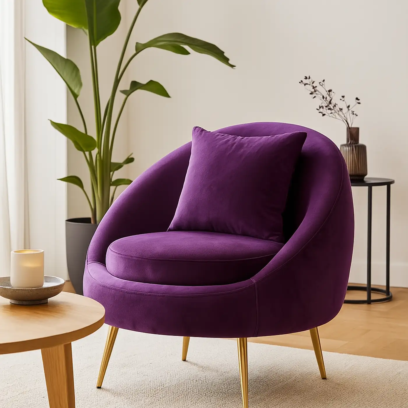 Purple velvet lounge chair with a matching cushion in a bright living room, near a tall plant and a small side table.