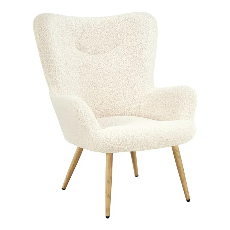 Cream-colored boucle armchair with wooden tapered legs